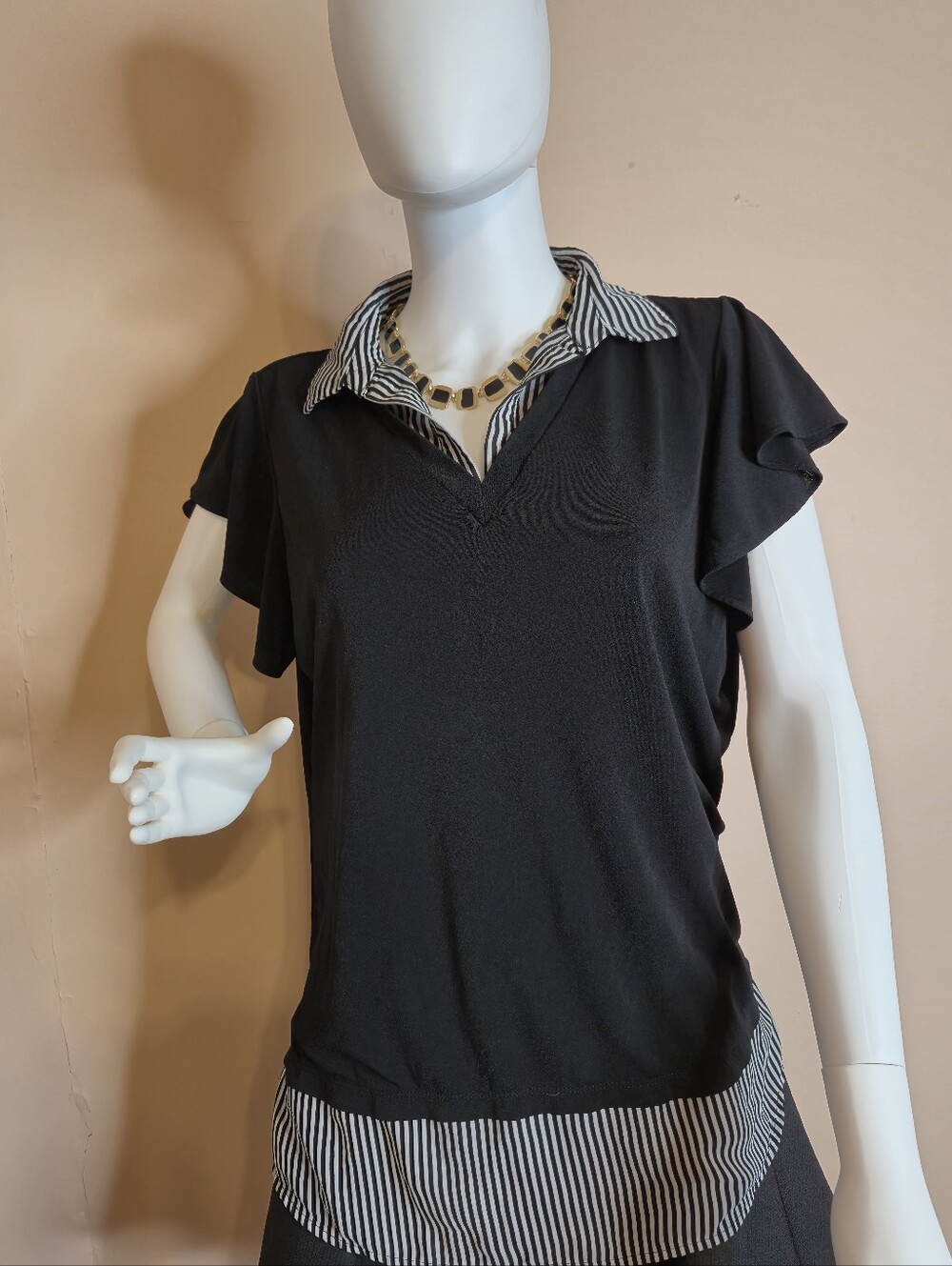 Adrianna Papell Black Flutter-Sleeve Top with Striped Collar & Hem